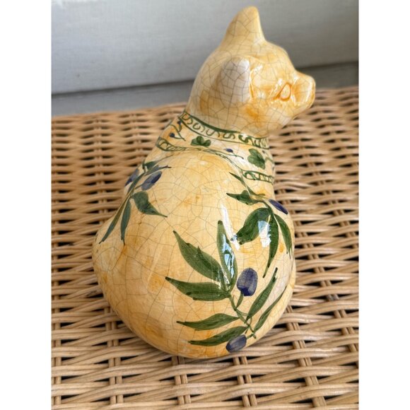 Vintage 70's Ceramic Cat Crackle Glaze Hand Painted Olive Branch - Picture 2 of 13